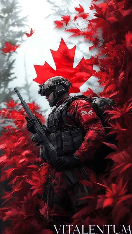 Canadian soldier in red maple forest with flag backdrop.