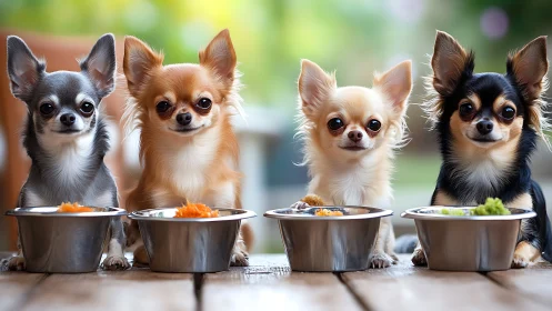 Chihuahua quartet share colorful meals in bright bowls.