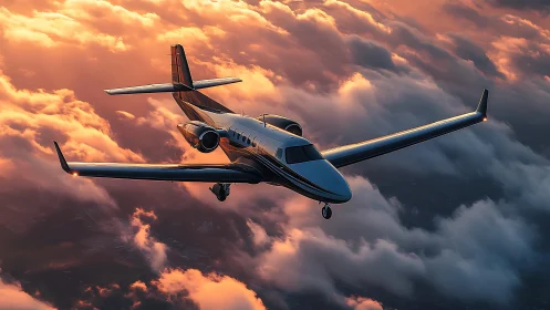 Private jet flying above clouds at warm sunset light.