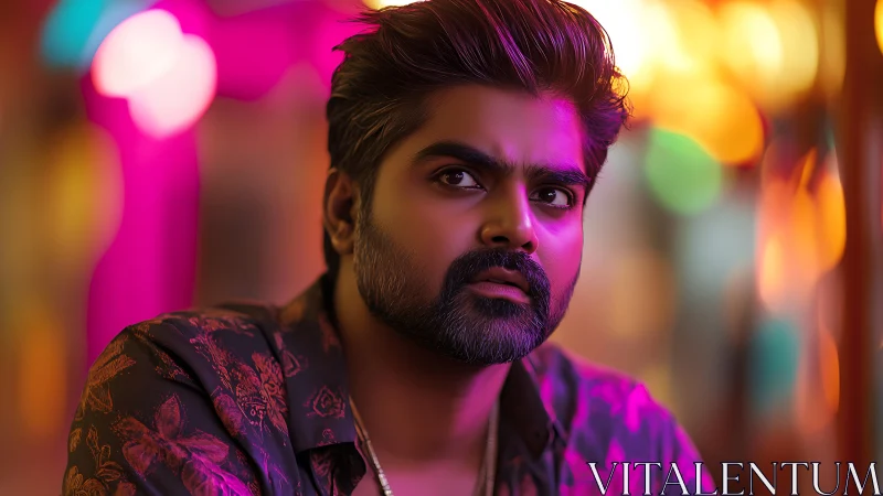 Man in neon nightlife setting with contemplative gaze.