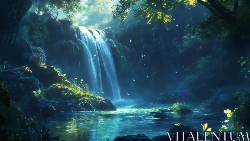 Sunlit forest waterfall whispers over a glowing blue pool