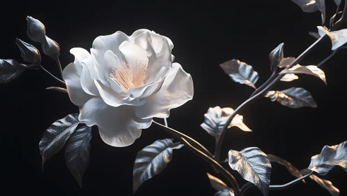 White peony blooms against dramatic darkness with golden light.