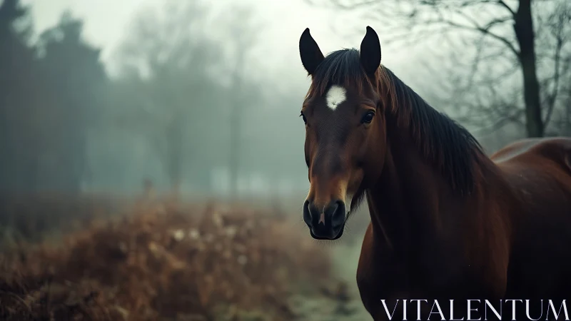 Bay horse with star marking in shallow depth foggy woodland