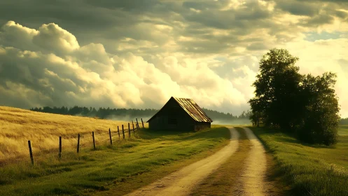 Rural dirt road leading to small barn under dramatic sky.