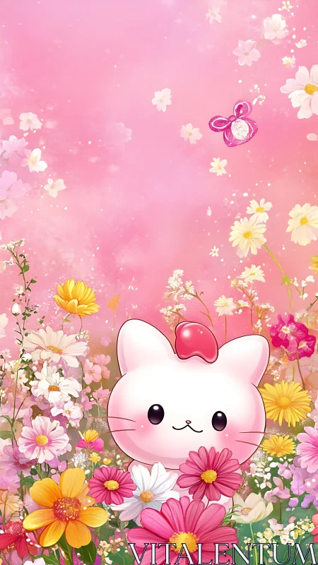 Cute pastel cat smiles among bright spring meadow flowers