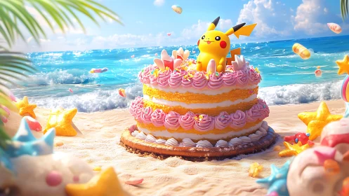 Pikachu's Sandy Celebration Cake Dreams by Ocean.