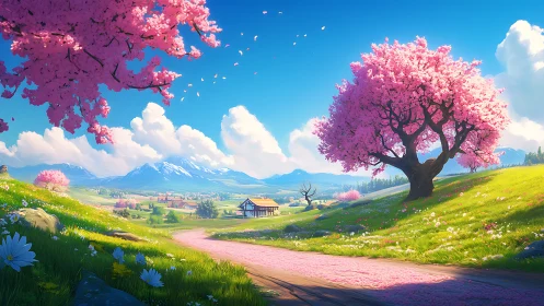 Spring valley path under vivid cherry blossom skies.
