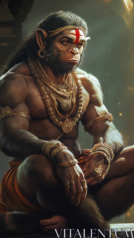 Majestic monkey warrior rests in golden, templelit calm