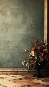Softened wall silence lets a baroque bouquet quietly glow