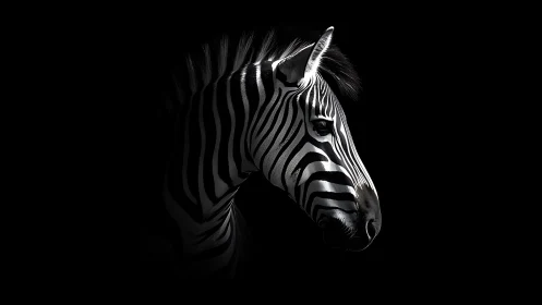 Zebra portrait in dramatic low key monochrome light.