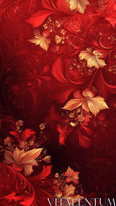 Crimson fractal florals spiral across a baroque digital field