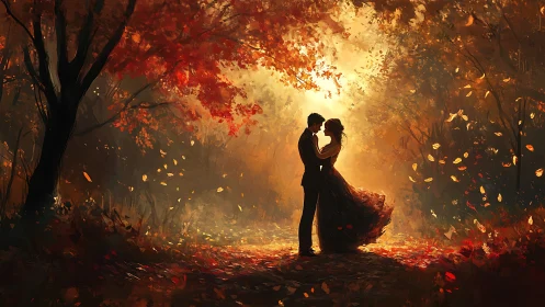 Couple Embracing in Autumn Forest with Golden Light