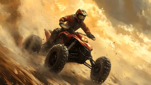 Off-road quad bike drifting through sunlit desert dust storm