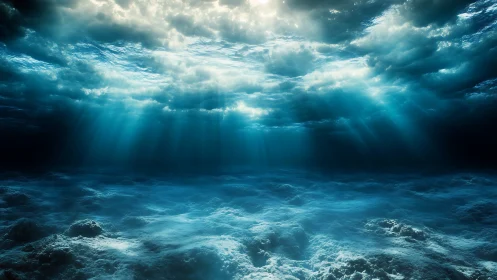 Submerged seafloor under clouded surface with light shafts.