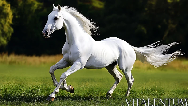 White horse in motion across green grass field outdoors.