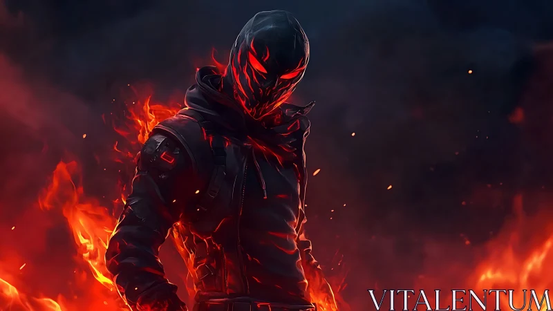 Flameborn rogue strides through embers with neon dread.