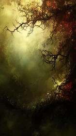 Roots of twilight curl through a burning forest sky