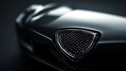 Close-up view of metallic car front emblem and body contours.