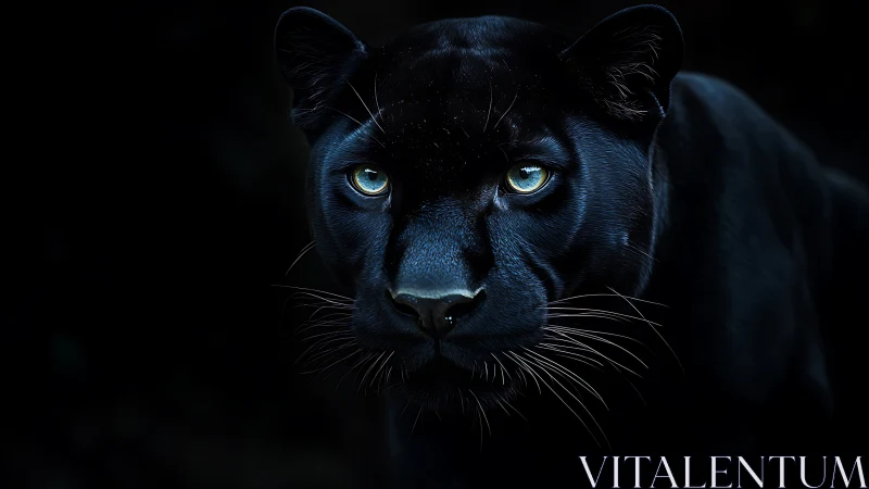 Black Panther Portrait with Luminous Blue Eyes Against Dark Background