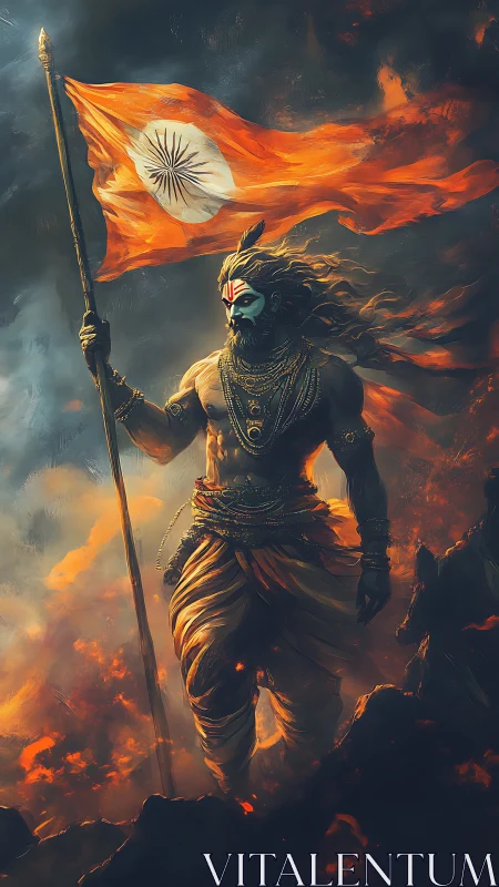 Mythic warrior strides through firestorm with blazing banner.