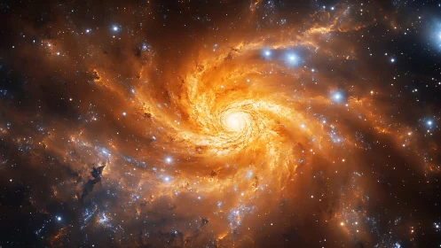 Fiery spiral galaxy swirls amid dense star-filled cosmos.
