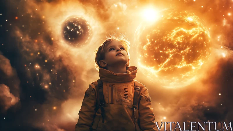 Child astronaut gazes at glowing planets in orange nebula.