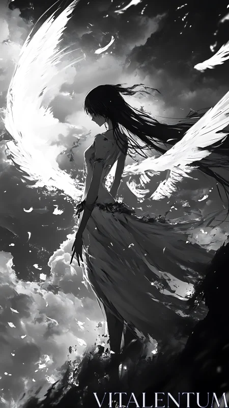 Monochrome winged figure rendered with dynamic high contrast lighting