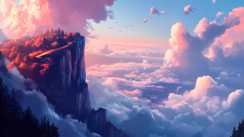 Sunlit cliff forest overlooks ethereal cloud ocean at dusk