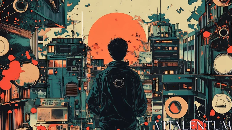 Solitary urban figure before stylized sun and dense skyline.