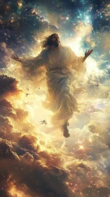 Radiant robed figure ascends through luminous cosmic clouds.