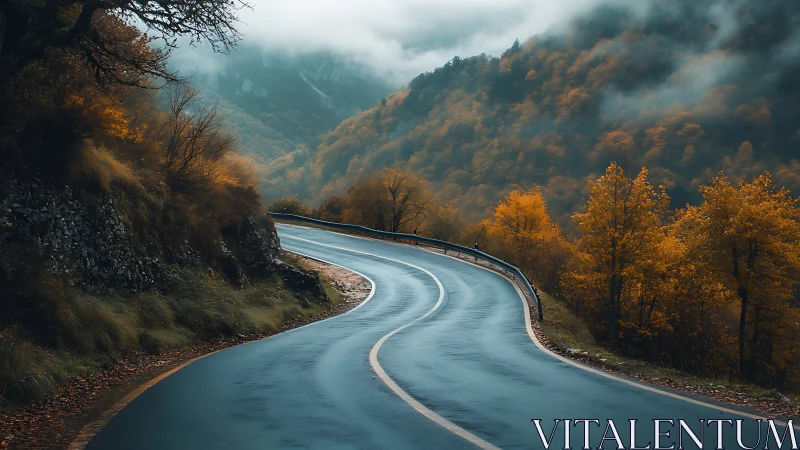 Curving mountain road glistens through misty autumn forest.