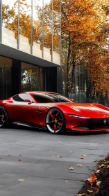 Red luxury supercar parked by mirrored glass facade.