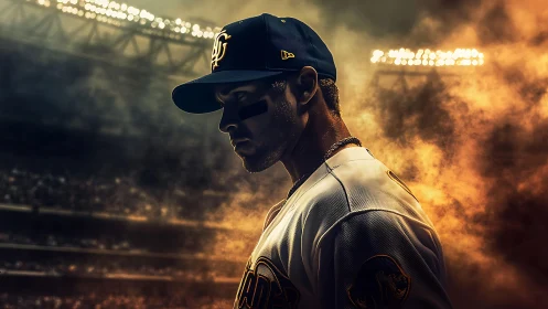 Cinematic photorealistic portrait of baseball player in stadium fog.