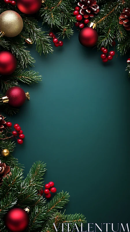 Christmas border with red ornaments on dark green background.