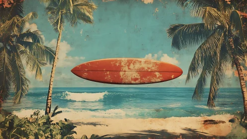 Sun-faded surfboard floating over a dreamy tropical beach.