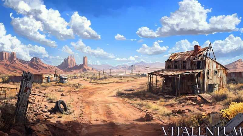 Desert landscape displays dilapidated wooden shack and dirt road