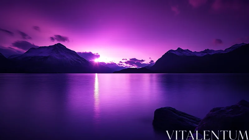 Dreamy purple sunset over calm mountain lake horizon.