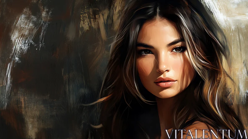 Portrait of a luminous woman against painterly dusky strokes.