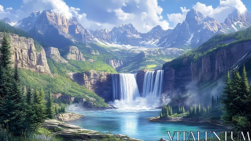 Mountain valley waterfall with lake and conifer forest.