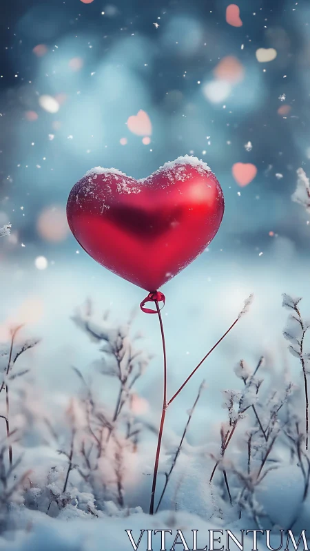 Red Heart Balloon Dancing Through Winter's Snowy Dream.
