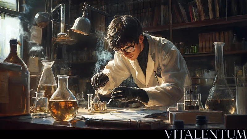 Curious young chemist lost in a glowing vintage lab scene.