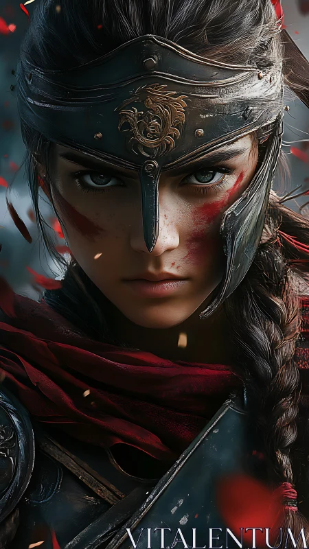 Armored female warrior portrait shows frontal close-up view