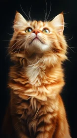 Ginger cat with wide eyes and extended whiskers against dark background.
