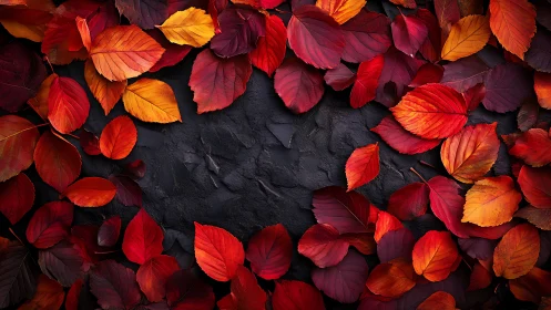 Red and orange autumn leaves on dark textured background.