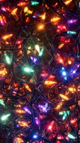 Tangled LED string lights emit multicolored illumination