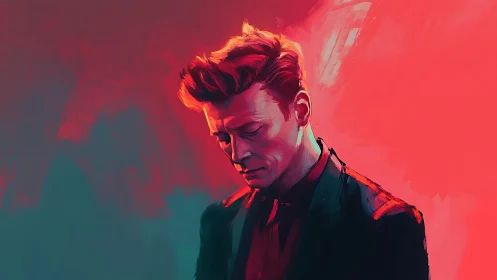 Melancholic male portrait in neon red teal duotone light.