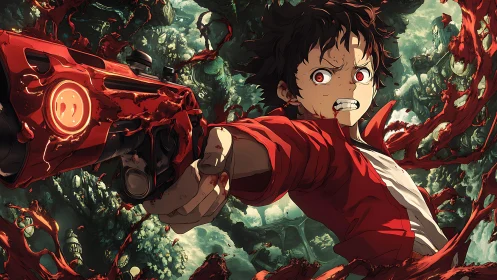 Young fighter aims blood-red gun amid organic chaos