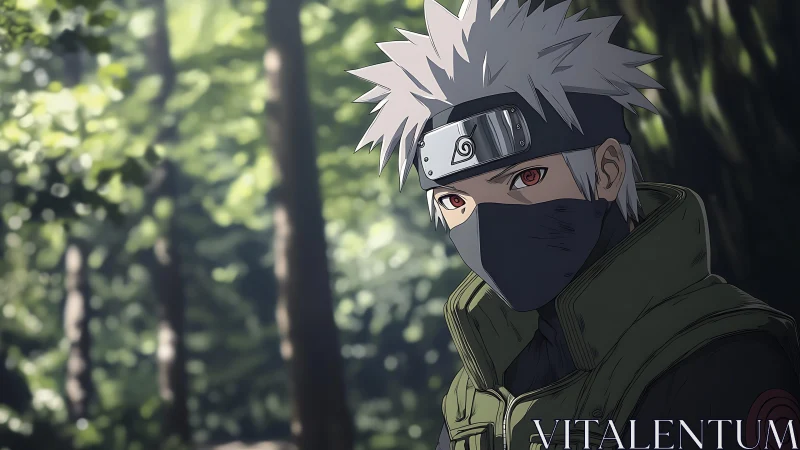 Masked silver-haired ninja in shaded forest setting.