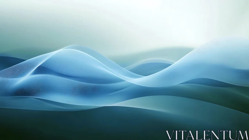 Layered translucent blue waveforms span a softly graded horizon