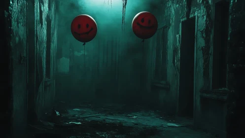 Two red smiley balloons float in a dark ruined corridor
